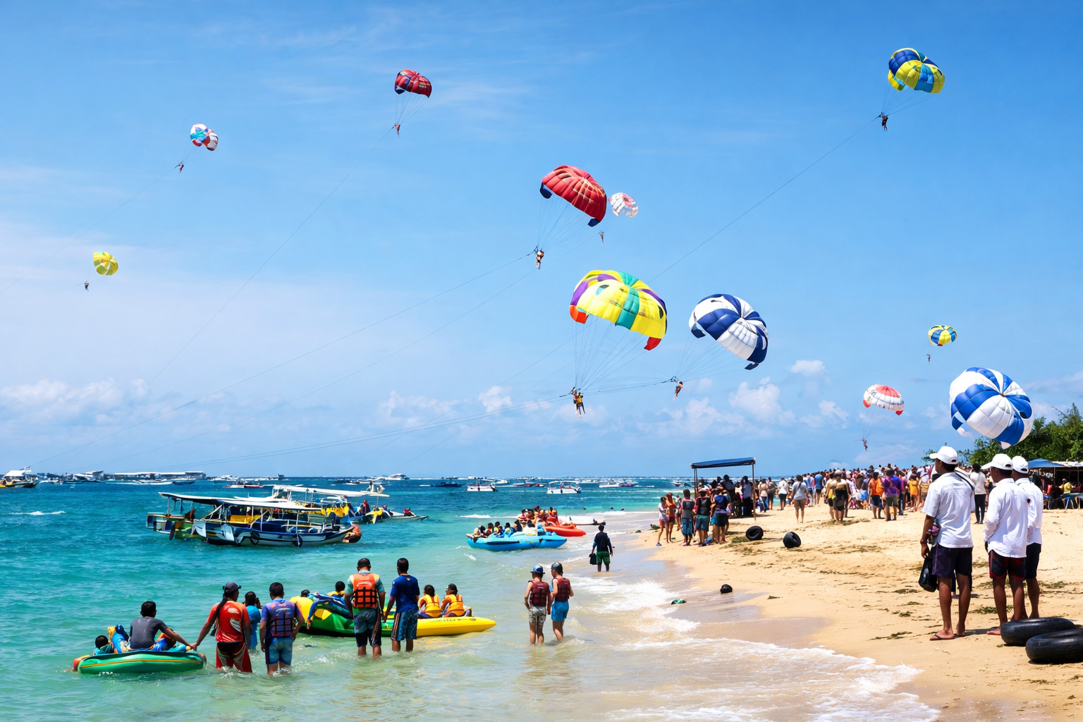 Crowded Bali watersports beach showing the real on-ground experience