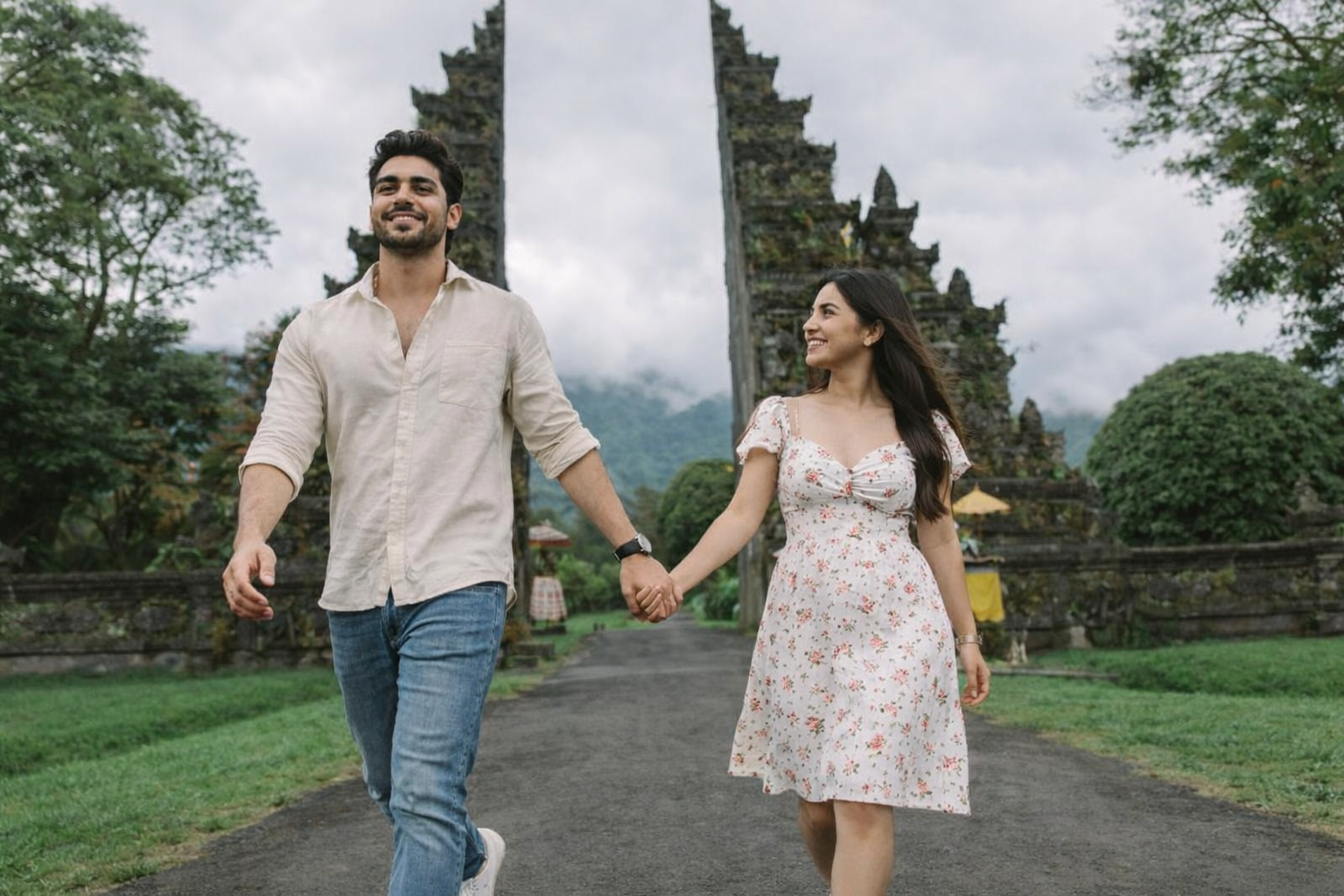 Couple walking through Handara Gate in a romantic reel-style shot